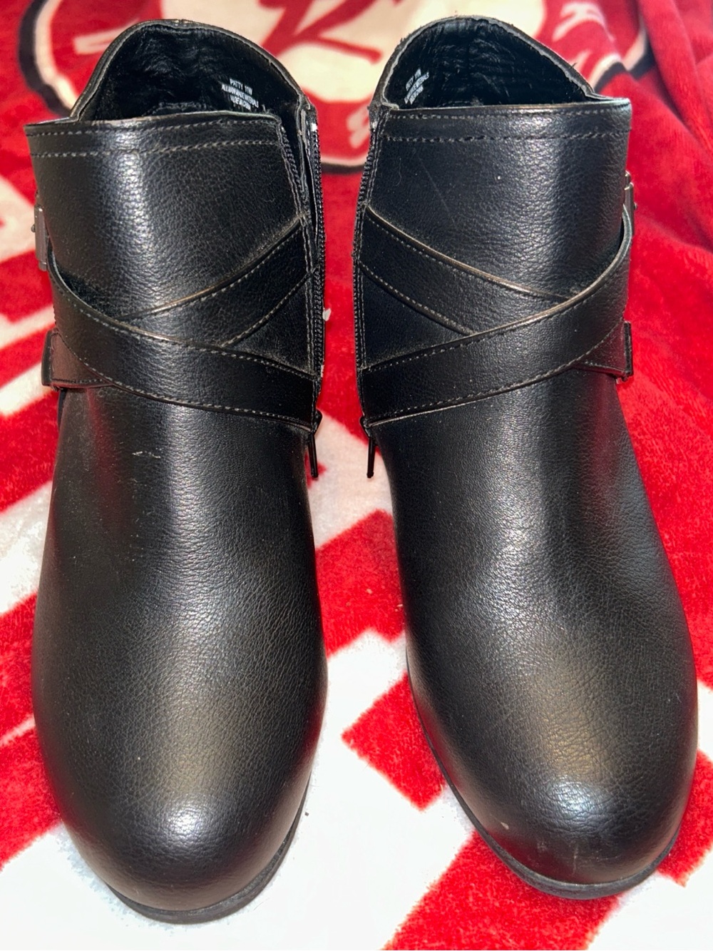 Black Faux Leather Women's Ankle Booties with Wrap Strap